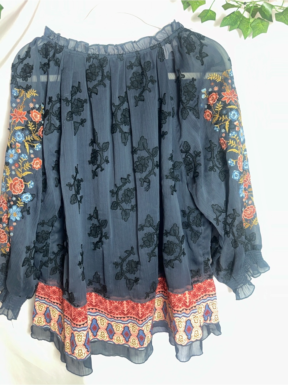 John Mark black/navy Floral Embroidered Peasant Tunic with Red Trim - Picture 9 of 9